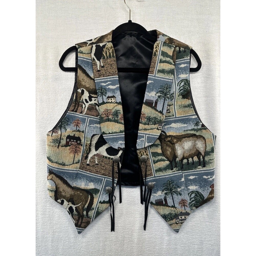 Dion Farmland Tapestry Vest Sz M Texas Buffalo Buttons Lapels Country Retro USA